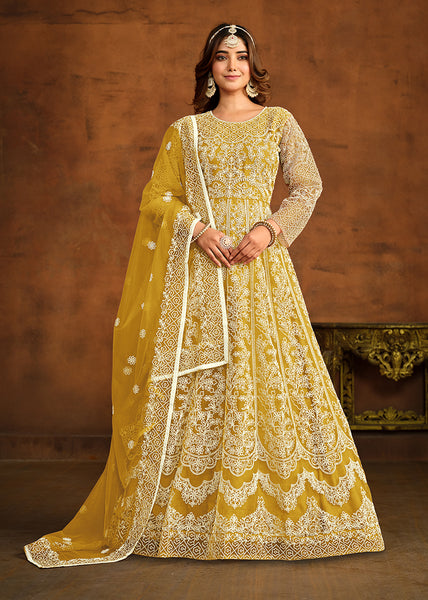 Monjolika Fashion Yellow Net Ceremonial Floor Length Salwar Kameez