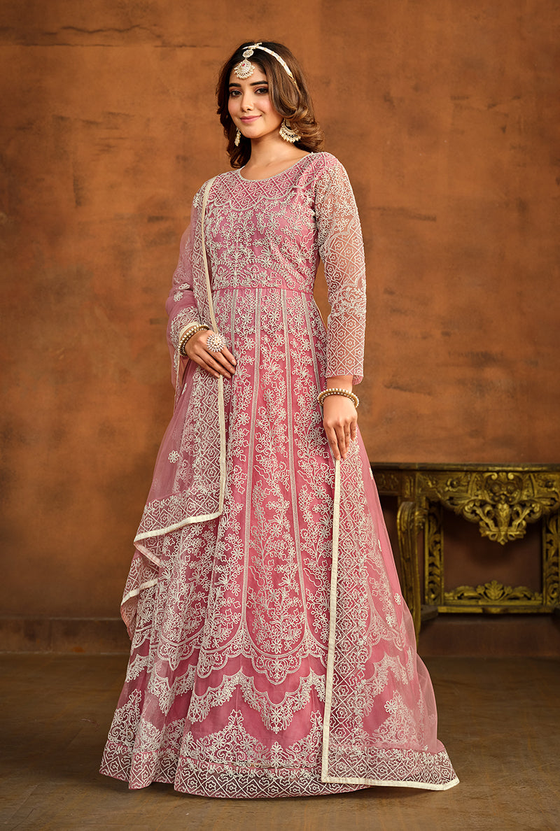 Monjolika Fashion Light Pink Net Ceremonial Floor Length Salwar Kameez