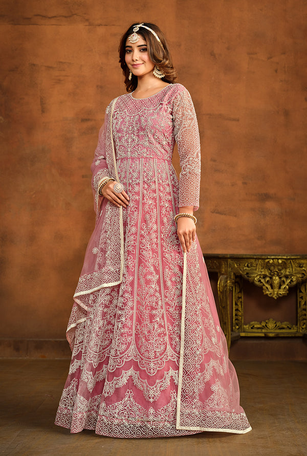 Monjolika Fashion Light Pink Net Ceremonial Floor Length Salwar Kameez