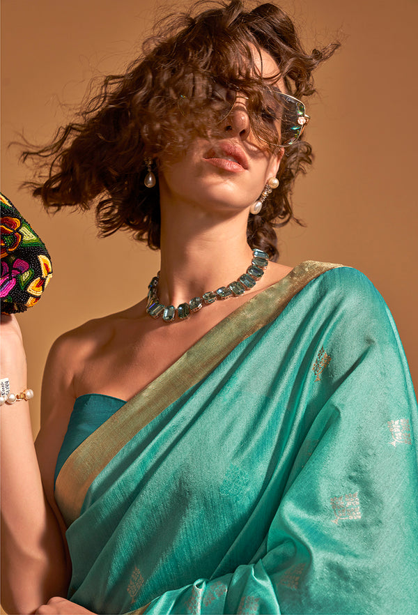Monjolika Fashion Weaving Handloom Silk Classic Saree In Aqua Blue