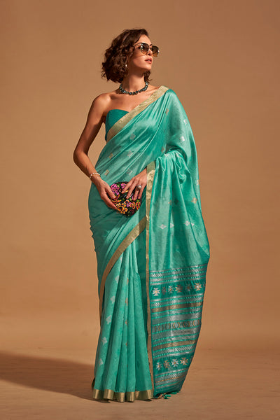 Monjolika Fashion Weaving Handloom Silk Classic Saree In Aqua Blue