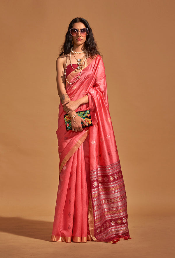 Monjolika Fashion Weaving Handloom Silk Classic Saree In Crimson