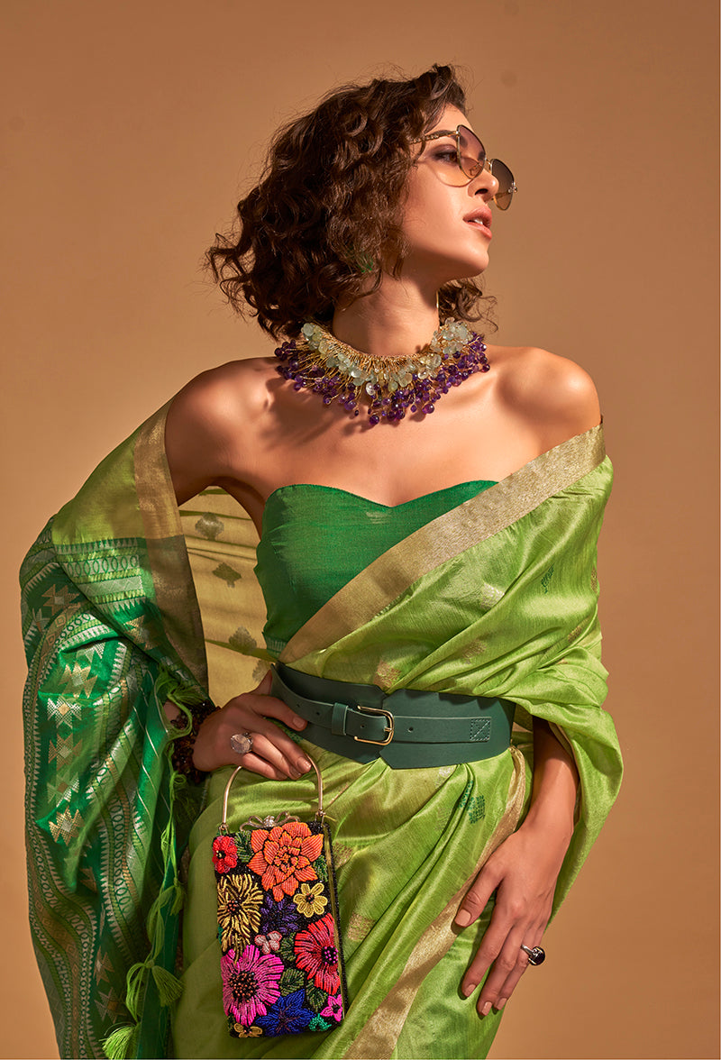 Monjolika Fashion Weaving Handloom Silk Classic Saree In Ligth Parrot Green - Distacart