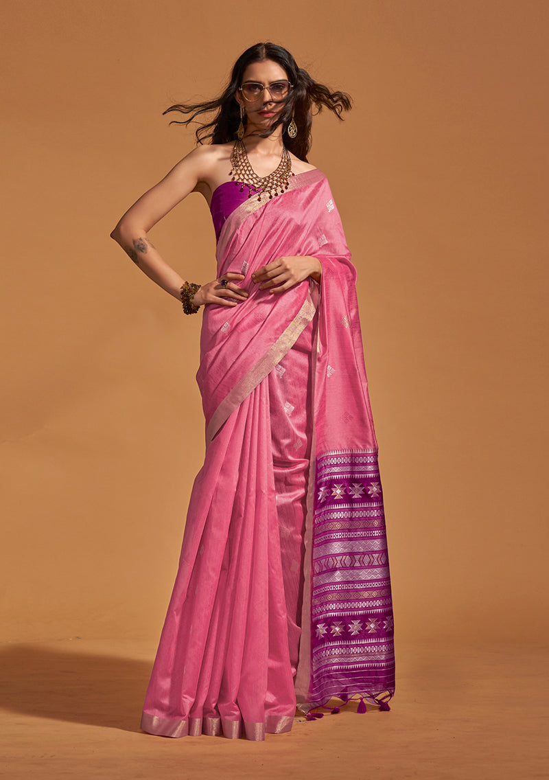 Monjolika Fashion Weaving Handloom Silk Classic Saree In Pink