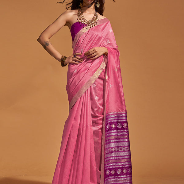 Monjolika Fashion Weaving Handloom Silk Classic Saree In Pink - Distacart