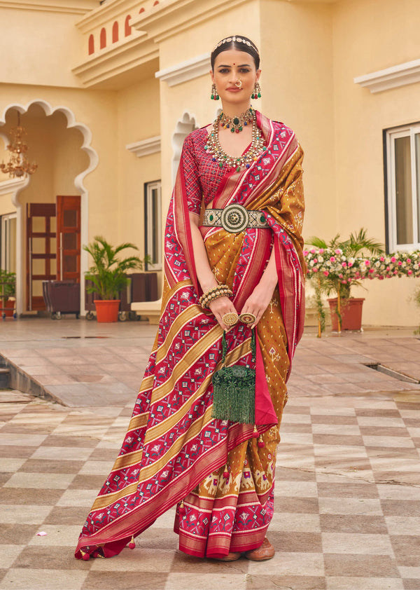 Monjolika Fashion Mustard Colour Sigma Silk Patola Printed Saree With Blouse