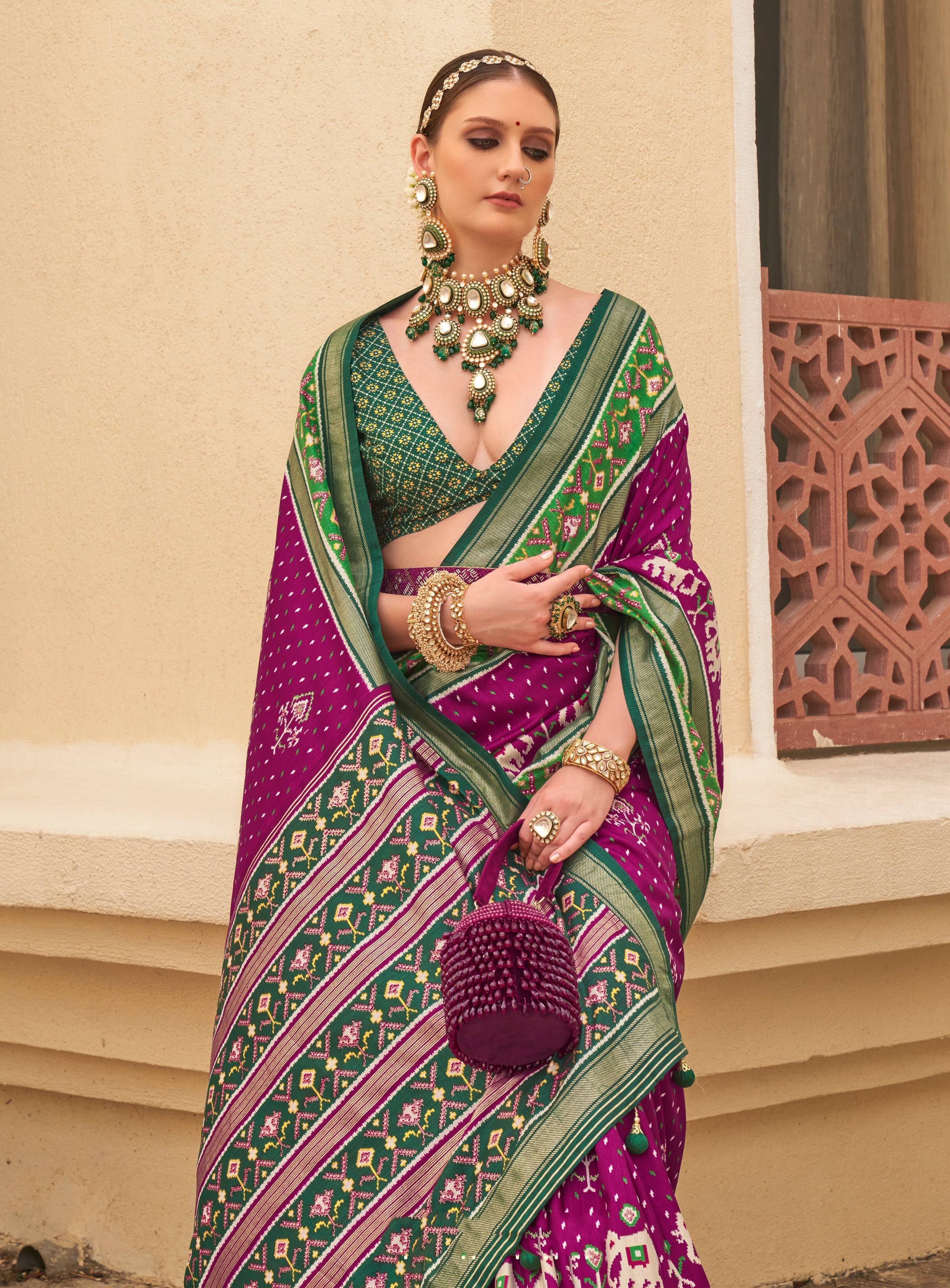 Monjolika Fashion Dark Purple Colour Sigma Silk Patola Printed Saree With Blouse