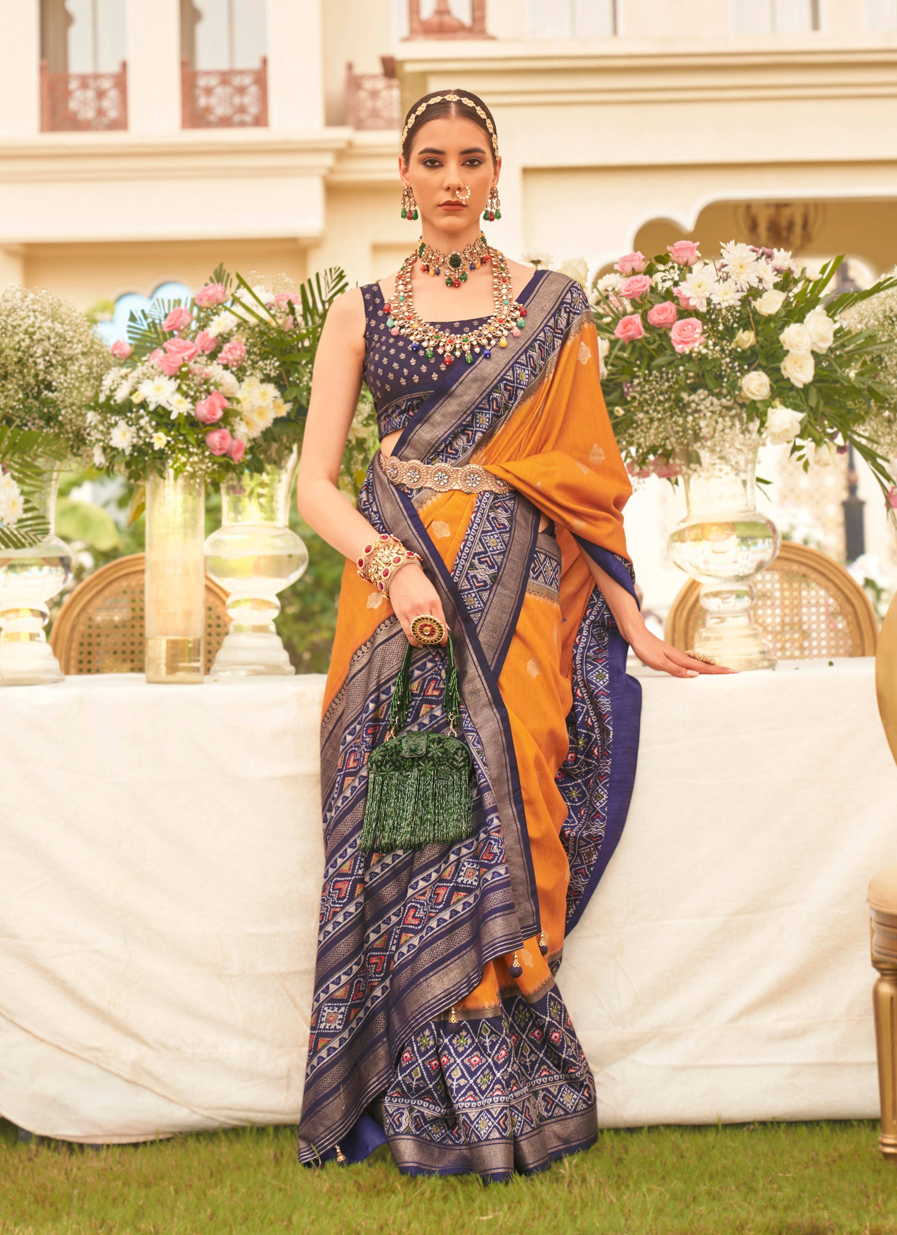 Monjolika Fashion Mustard Colour Sigma Silk Patola Printed Saree With Blouse