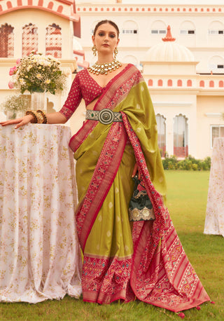Monjolika Fashion Olive & Maroon Colour Sigma Silk Patola Printed Saree With Blouse