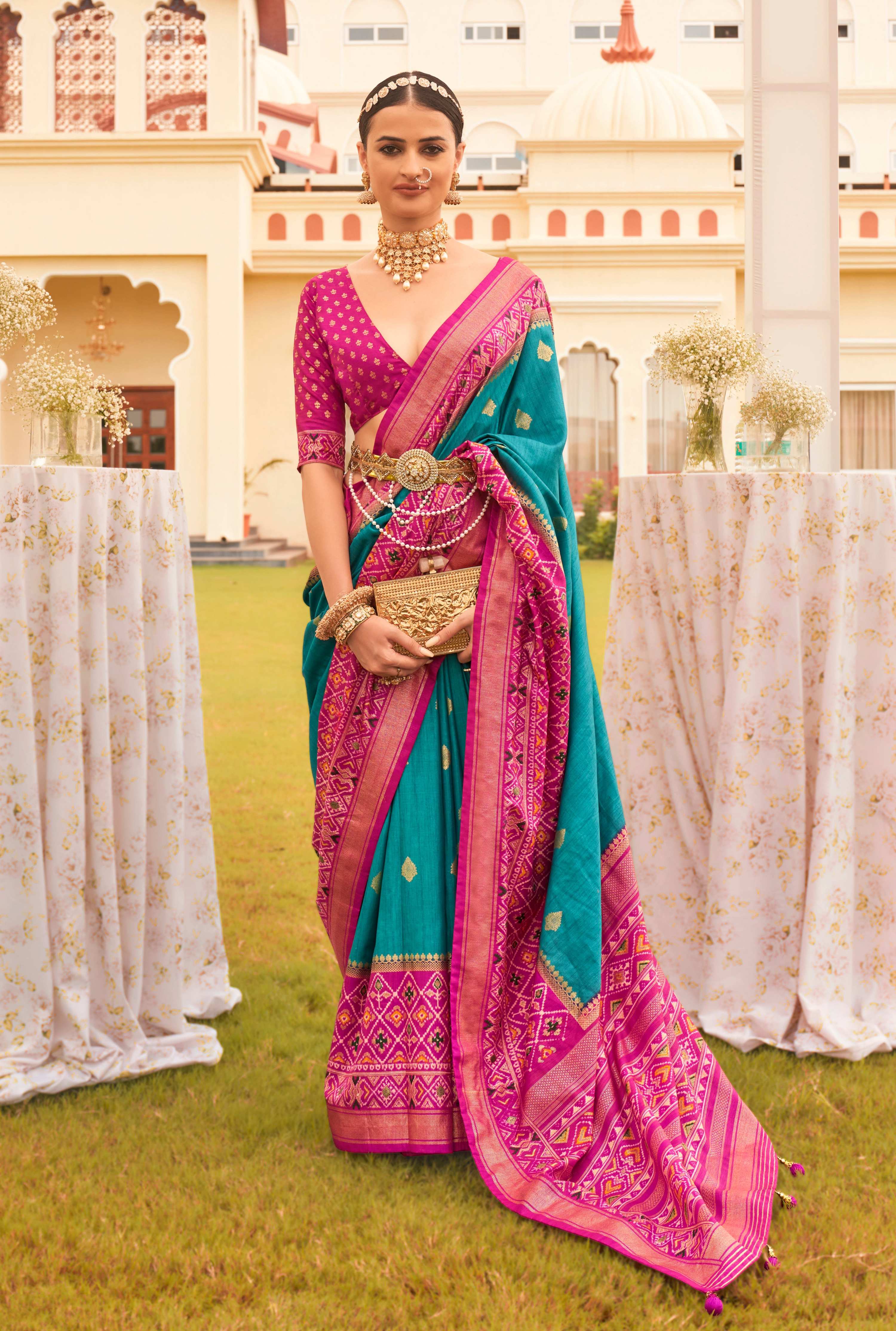 Monjolika Fashion Blue & Rani Colour Sigma Silk Patola Printed Saree With Blouse