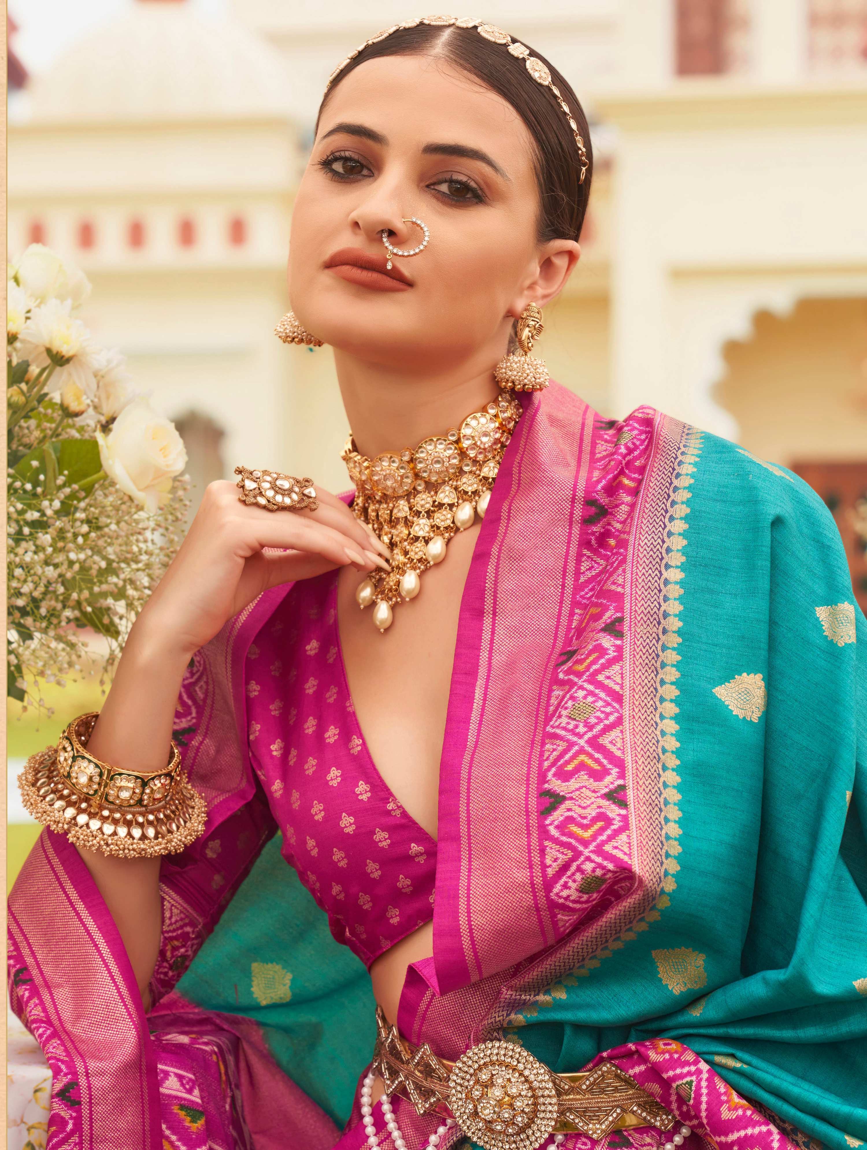 Monjolika Fashion Blue & Rani Colour Sigma Silk Patola Printed Saree With Blouse