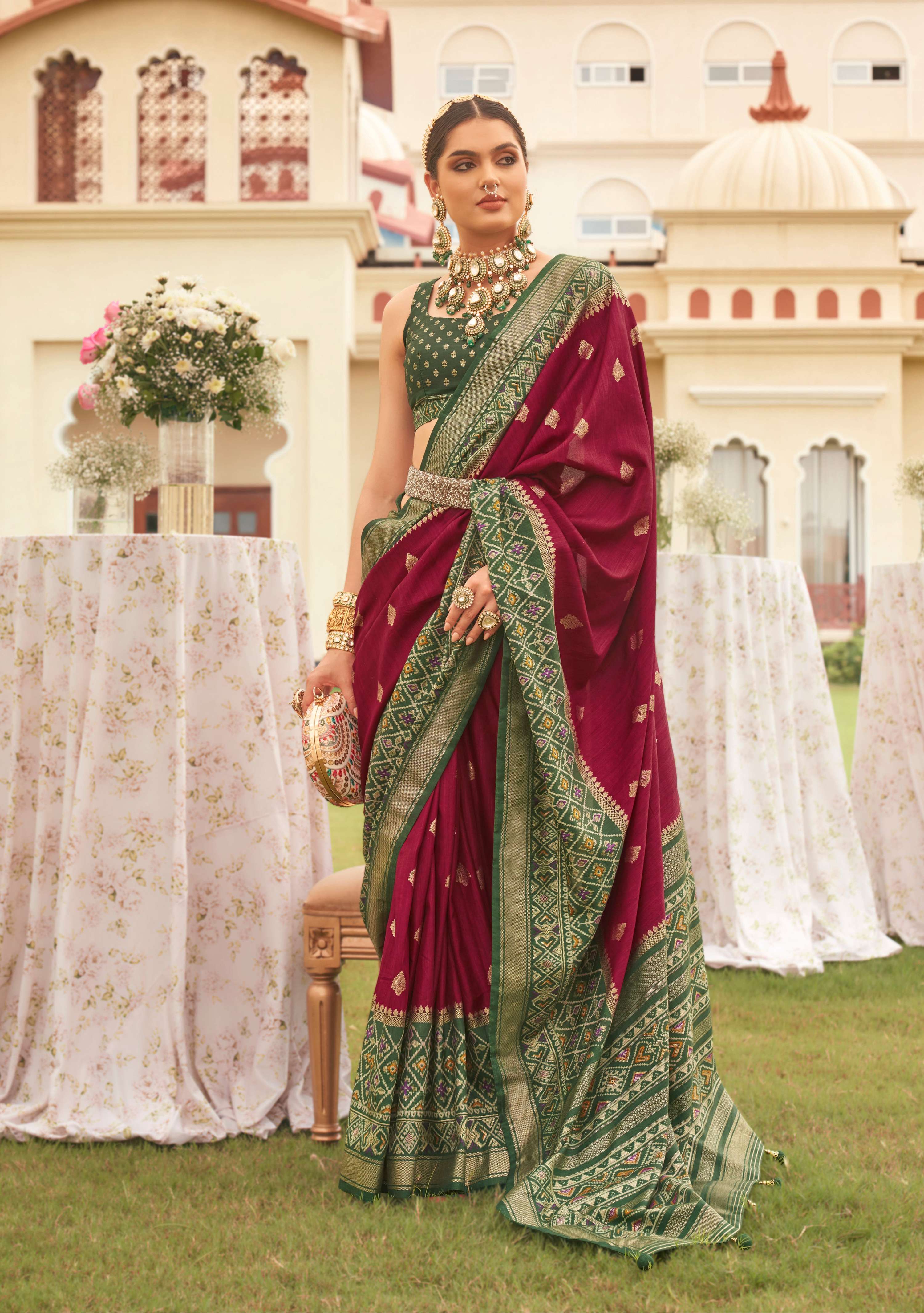 Monjolika Fashion Wine & Mehendi Colour Sigma Silk Patola Printed Saree With Blouse
