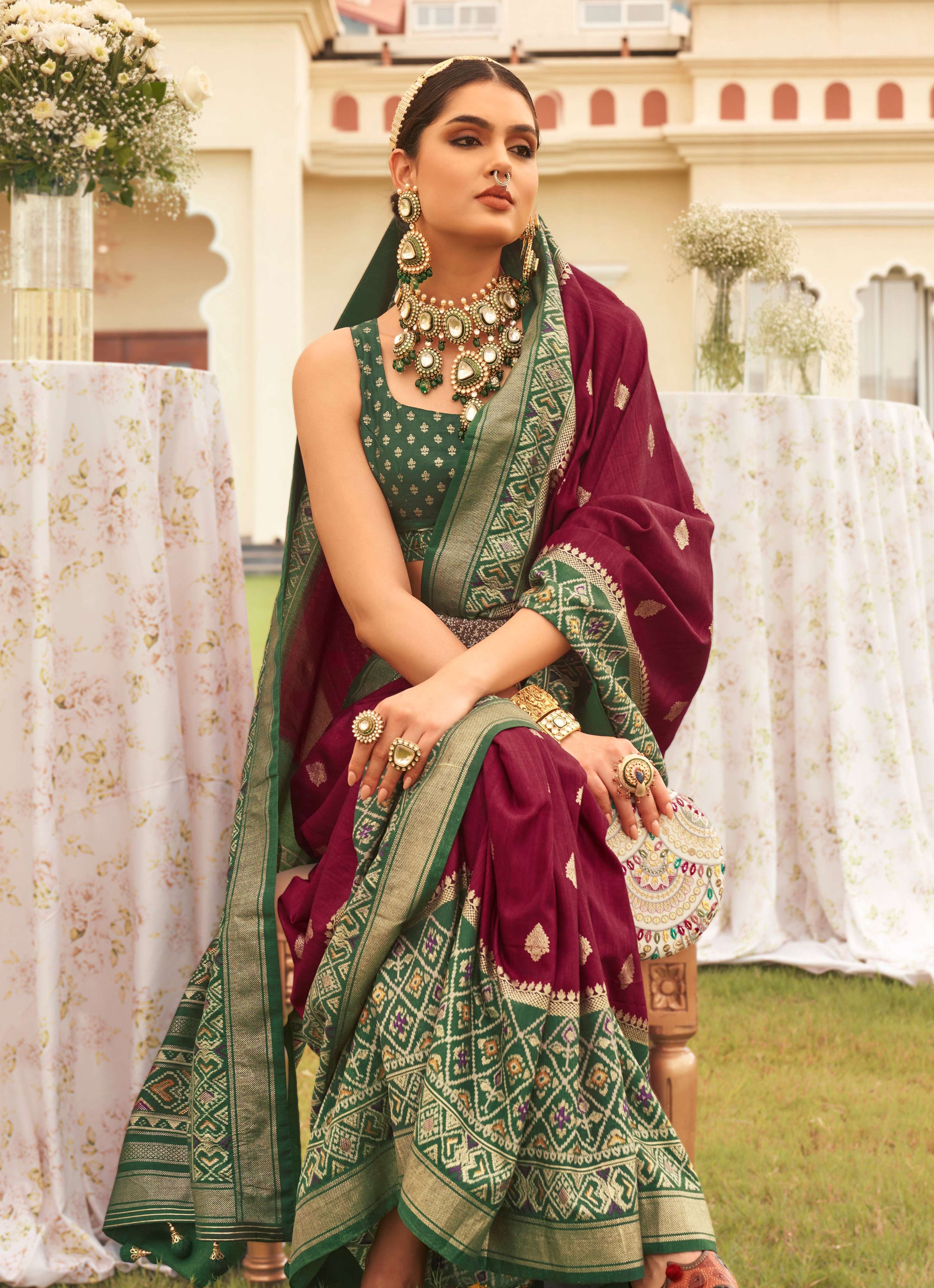 Monjolika Fashion Wine & Mehendi Colour Sigma Silk Patola Printed Saree With Blouse