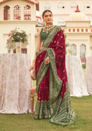 Monjolika Fashion Wine & Mehendi Colour Sigma Silk Patola Printed Saree With Blouse