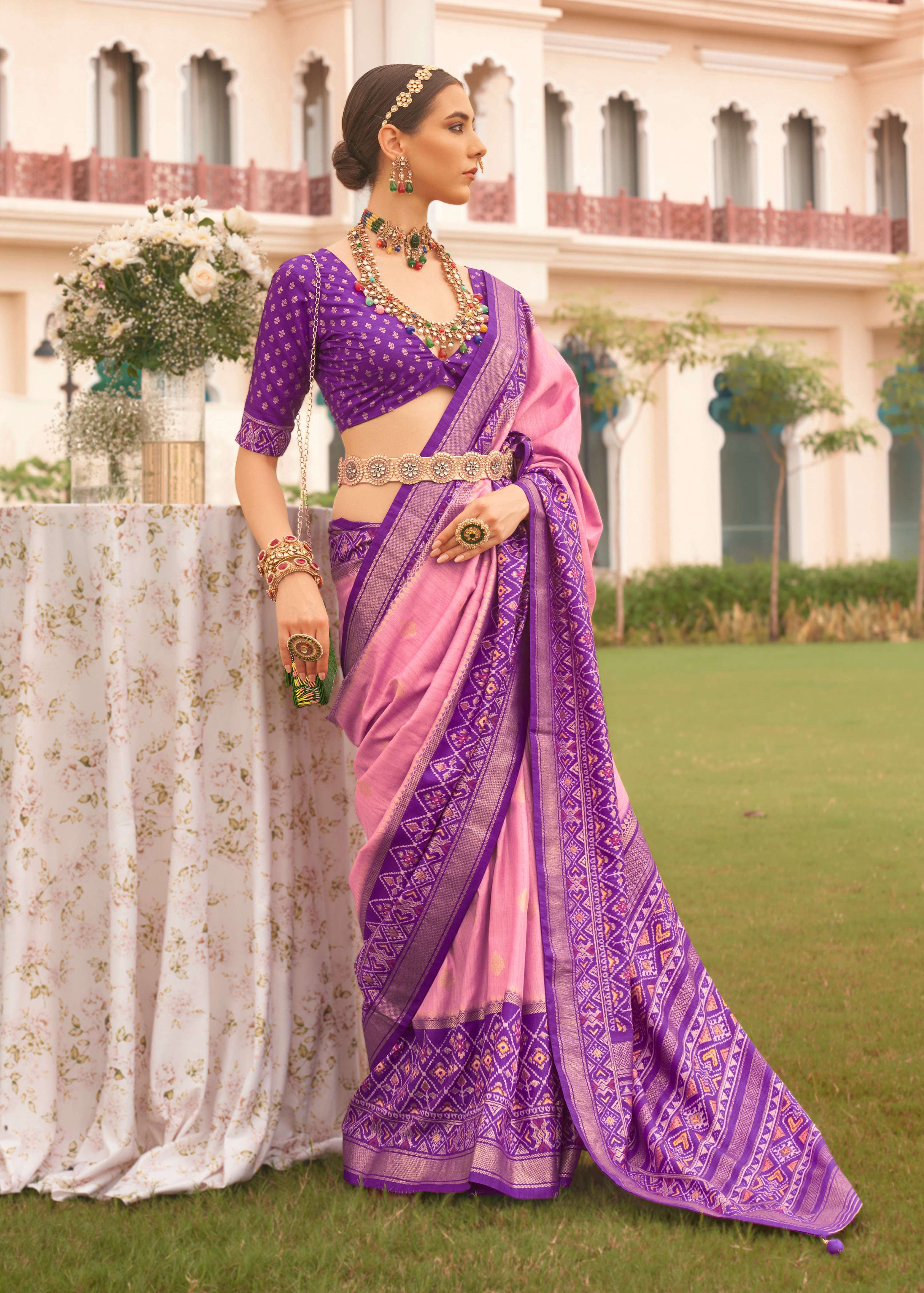 Monjolika Fashion Baby Pink Colour Sigma Silk Patola Printed Saree With Blouse