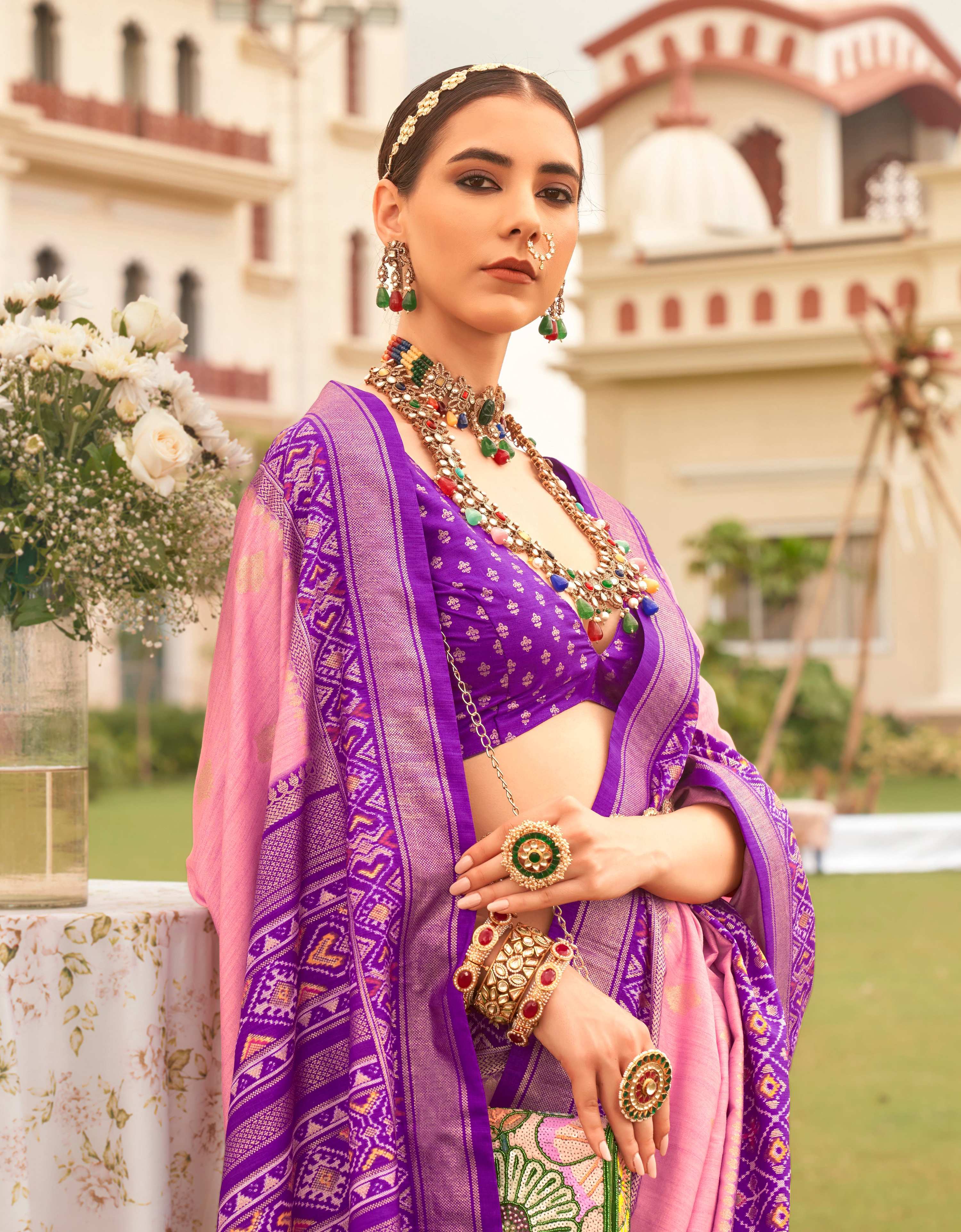 Monjolika Fashion Baby Pink Colour Sigma Silk Patola Printed Saree With Blouse