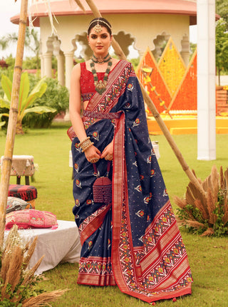 Monjolika Fashion Navy Blue Colour Sigma Silk Patola Printed Saree With Blouse