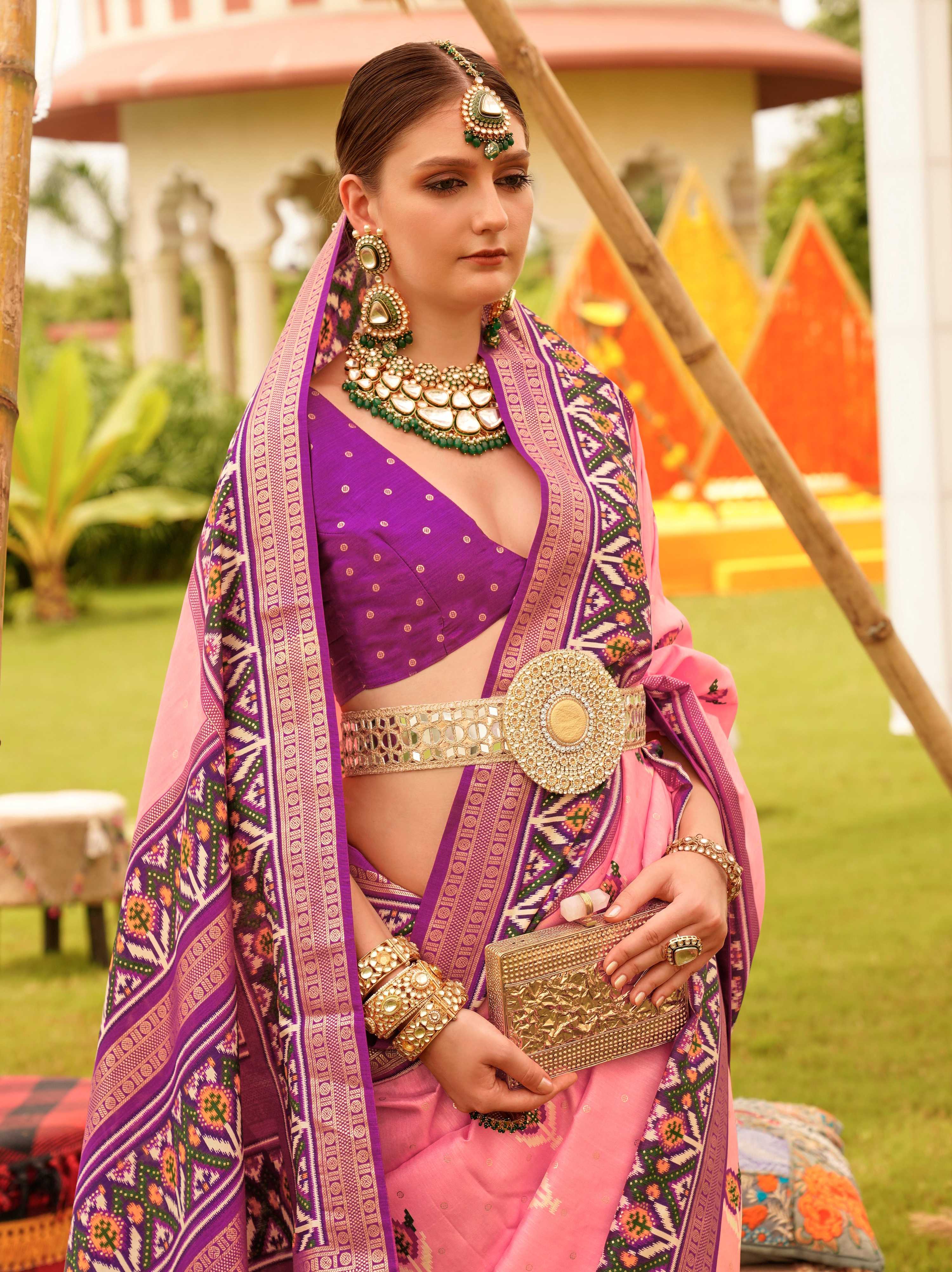 Monjolika Fashion Baby Pink Colour Sigma Silk Patola Printed Saree With Blouse