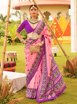 Monjolika Fashion Baby Pink Colour Sigma Silk Patola Printed Saree With Blouse