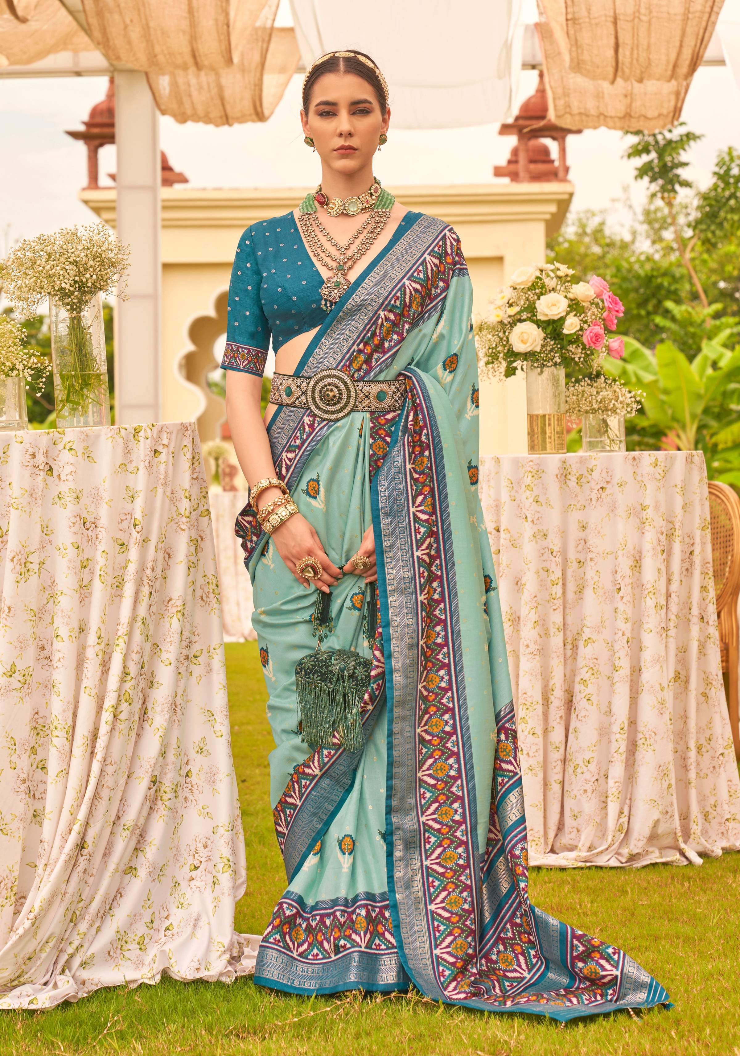 Monjolika Fashion Sea Green Colour Sigma Silk Patola Printed Saree With Blouse