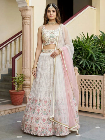 Tulsi Art Pretty Off-White Digital Printed Georgette Festive Wear Lehenga Choli - Dista