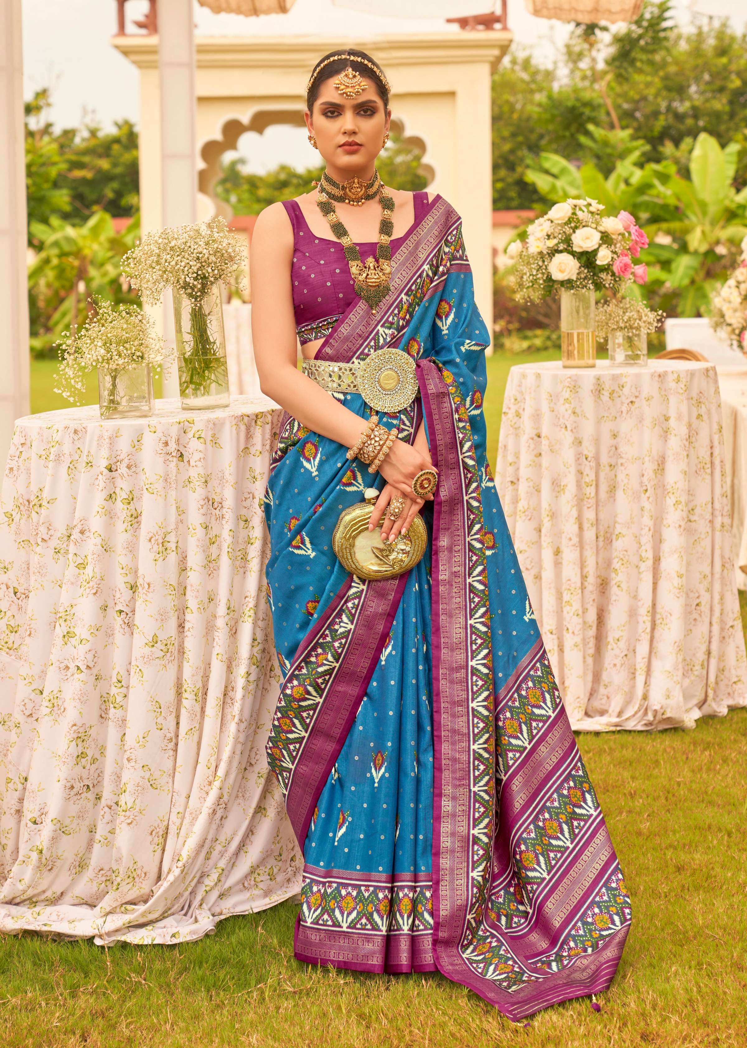 Monjolika Fashion Blue Colour Sigma Silk Patola Printed Saree With Blouse