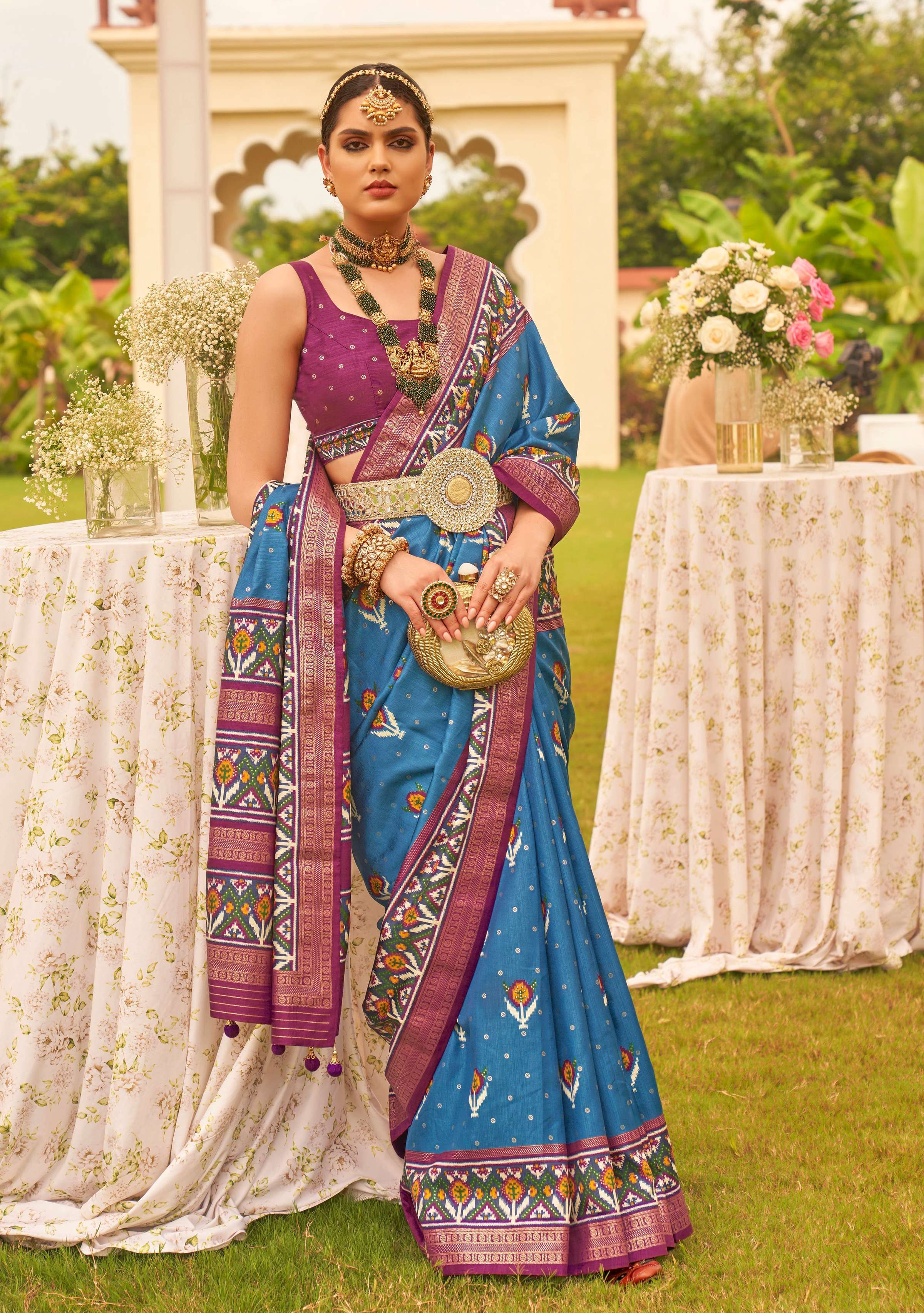 Monjolika Fashion Blue Colour Sigma Silk Patola Printed Saree With Blouse