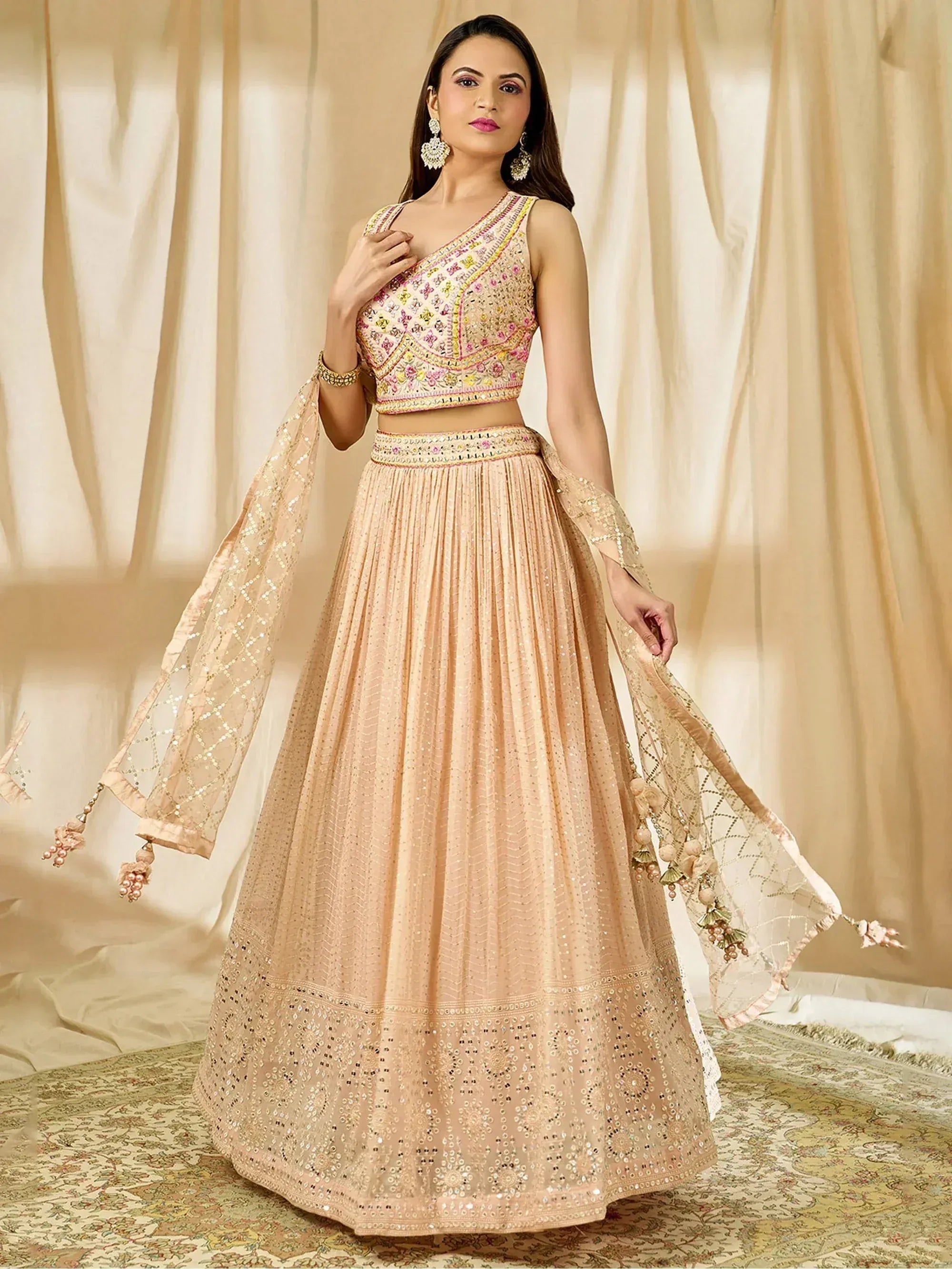 Tulsi Art Beautiful Peach Thread Embroidered Georgette Wedding Lehenga Choli