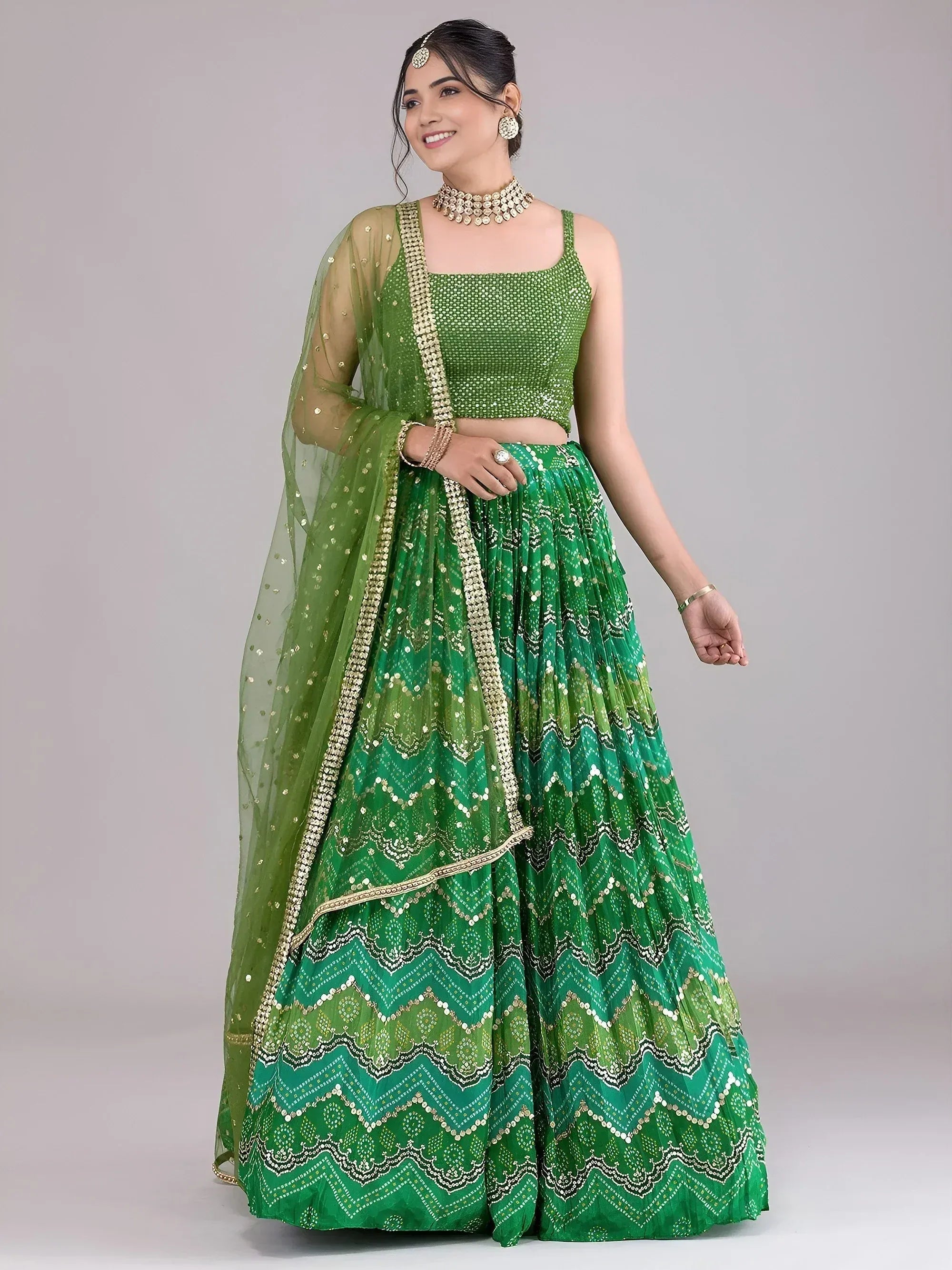 Tulsi Art Awesome Green Digital Printed Georgette Festive Wear Lehenga Choli - Dista