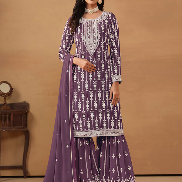 Monjolika Fashion Purple Faux Georgette Embroidered Salwar Kameez - Distacart