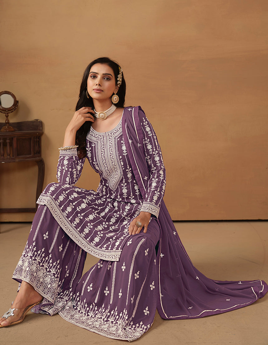 Monjolika Fashion Purple Faux Georgette Embroidered Salwar Kameez