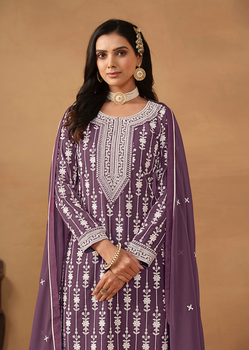 Monjolika Fashion Purple Faux Georgette Embroidered Salwar Kameez