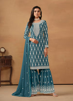 Thumbnail for Monjolika Fashion Teal Faux Georgette Embroidered Salwar Kameez - Distacart