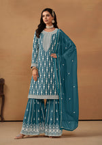 Thumbnail for Monjolika Fashion Teal Faux Georgette Embroidered Salwar Kameez - Distacart