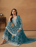 Thumbnail for Monjolika Fashion Teal Faux Georgette Embroidered Salwar Kameez - Distacart