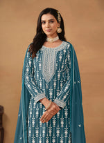 Thumbnail for Monjolika Fashion Teal Faux Georgette Embroidered Salwar Kameez - Distacart