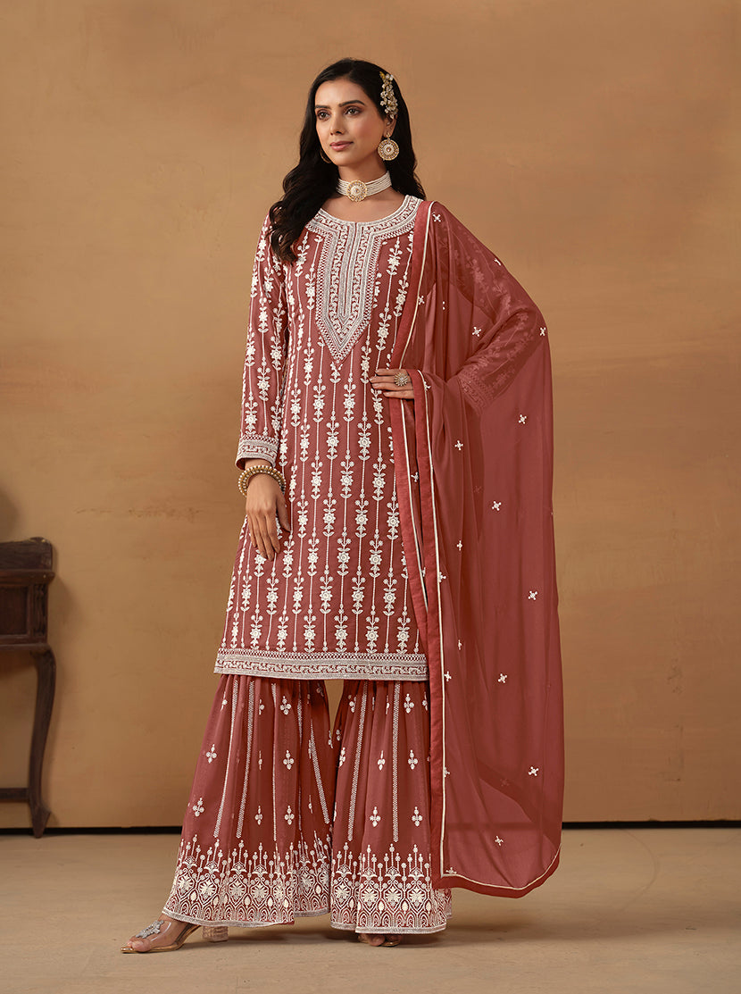Monjolika Fashion Light Brown Faux Georgette Embroidered Salwar Kameez