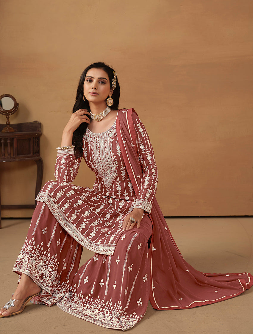 Monjolika Fashion Light Brown Faux Georgette Embroidered Salwar Kameez