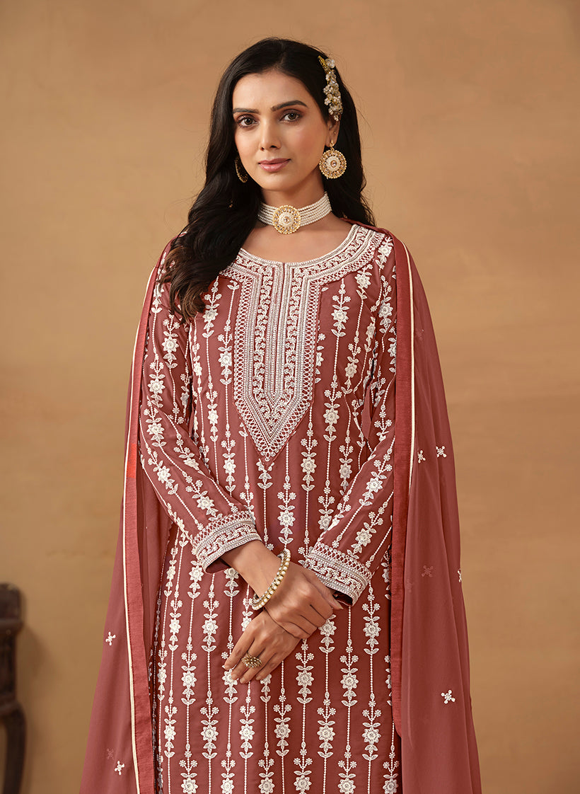 Monjolika Fashion Light Brown Faux Georgette Embroidered Salwar Kameez