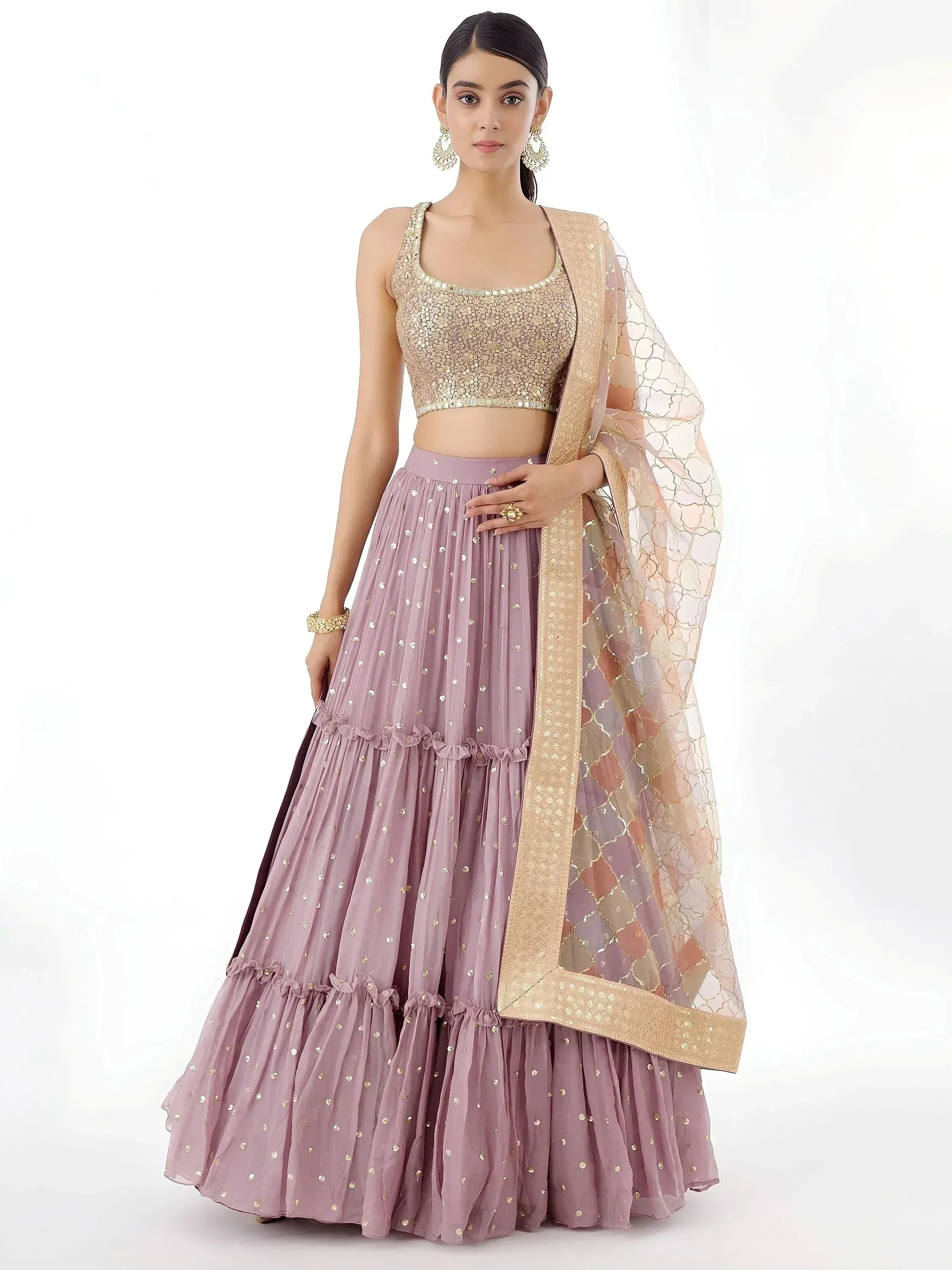 Tulsi Art Beautiful Dusty Pink Zari Work Georgette Party Wear Lehenga Choli - Dista