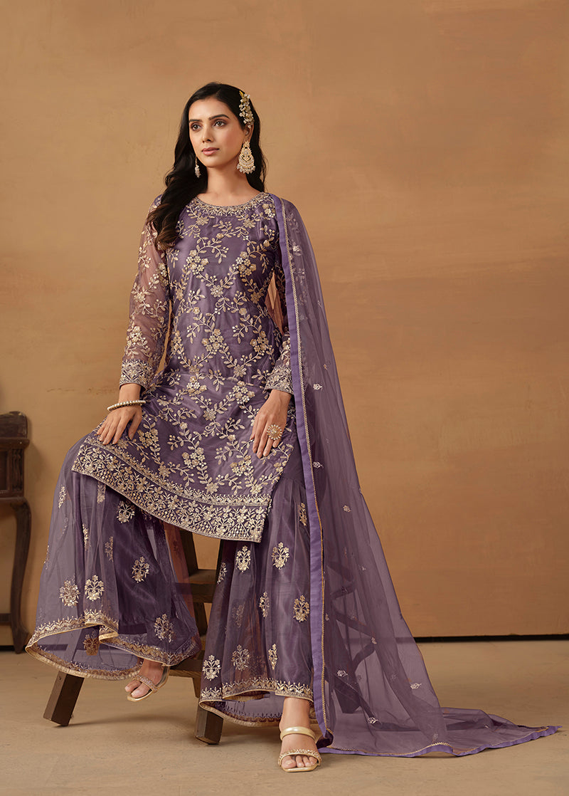 Monjolika Fashion Purple Net Embroidered Trendy Salwar Suit