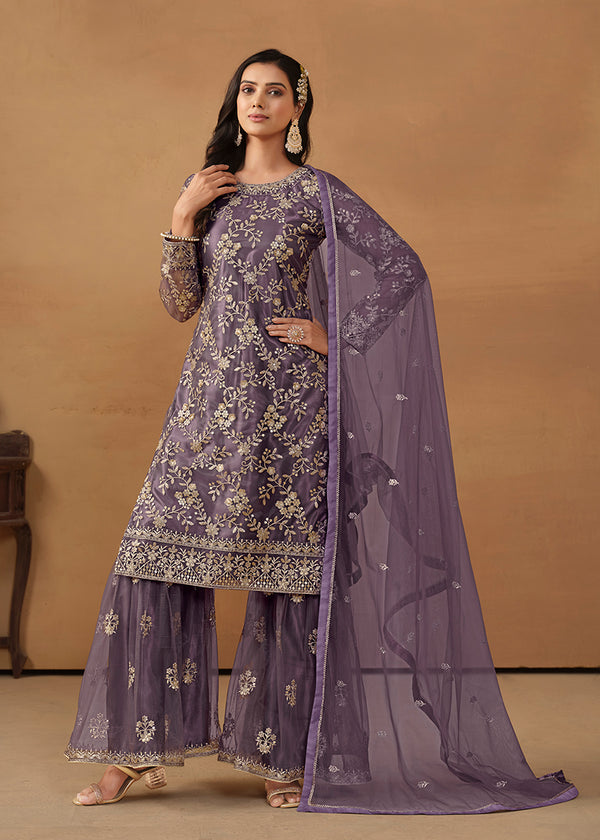 Monjolika Fashion Purple Net Embroidered Trendy Salwar Suit
