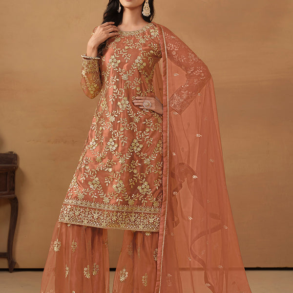 Monjolika Fashion Light Rust Net Embroidered Trendy Salwar Suit