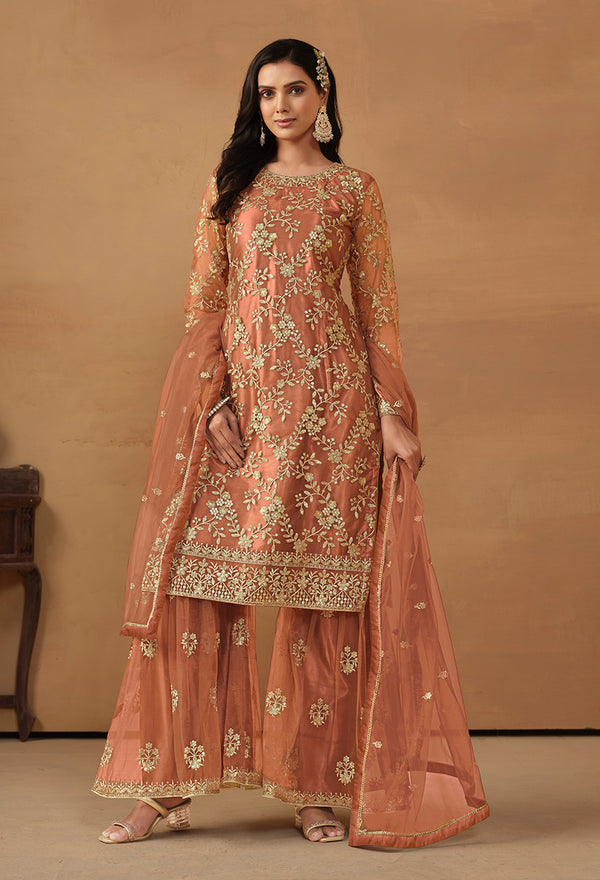 Monjolika Fashion Light Rust Net Embroidered Trendy Salwar Suit
