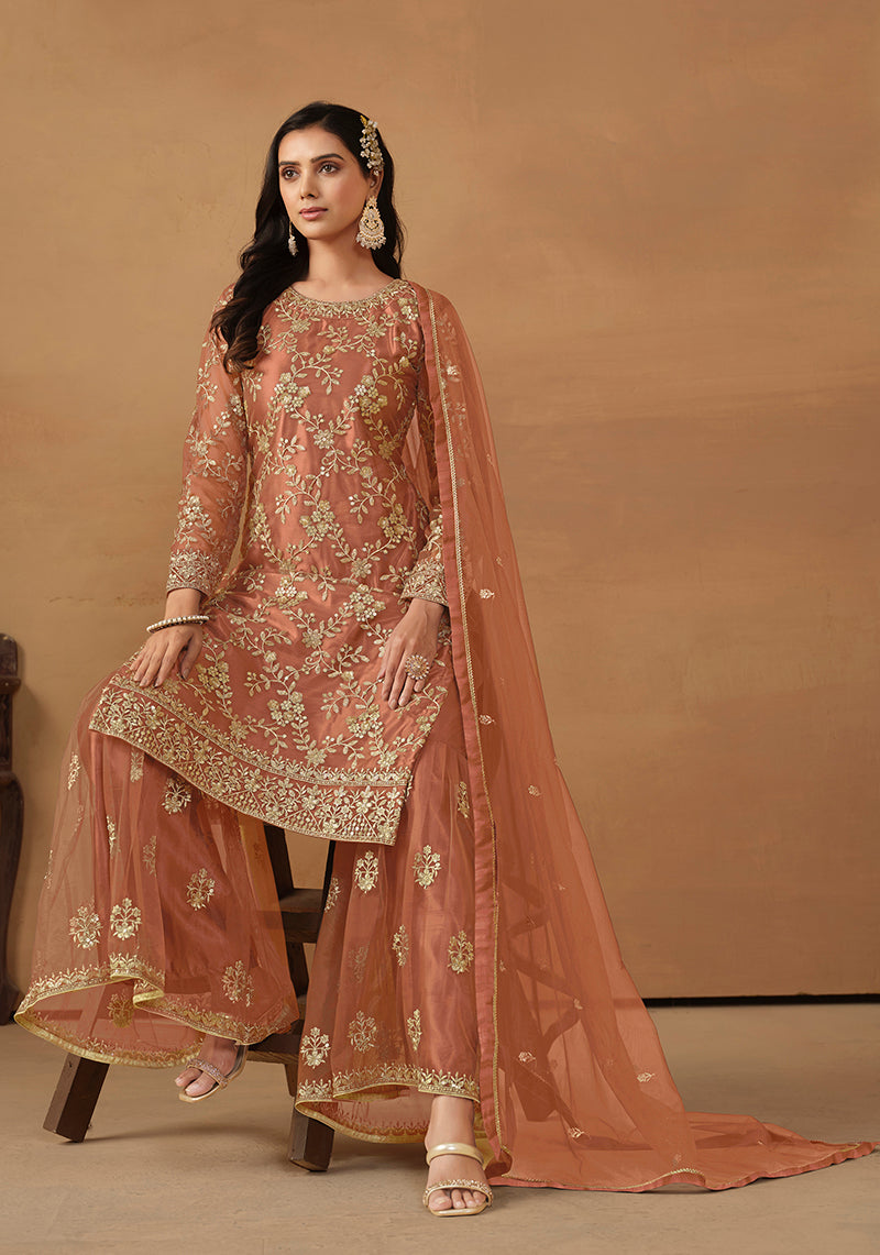 Monjolika Fashion Light Rust Net Embroidered Trendy Salwar Suit
