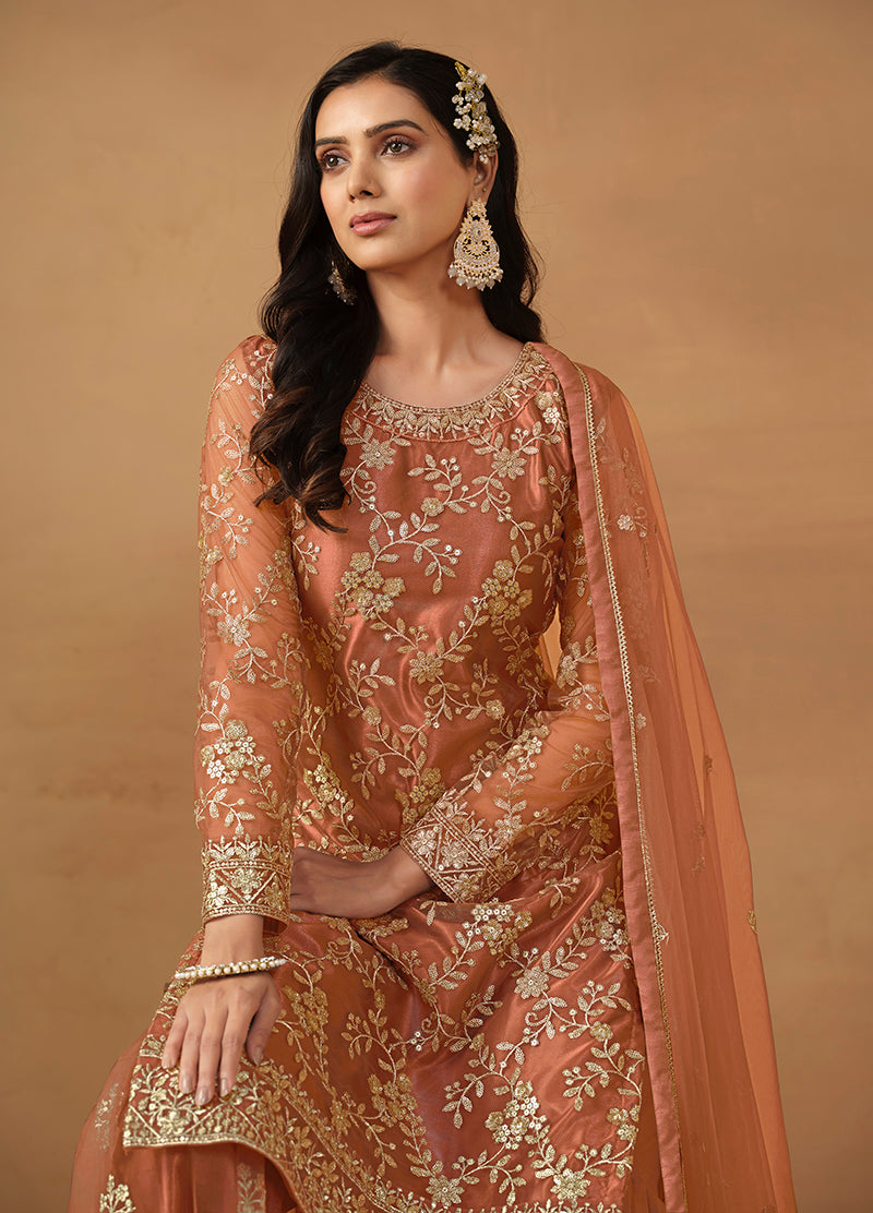 Monjolika Fashion Light Rust Net Embroidered Trendy Salwar Suit