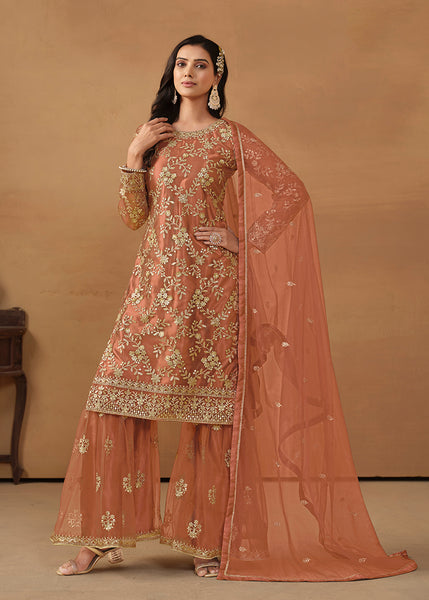 Monjolika Fashion Light Rust Net Embroidered Trendy Salwar Suit