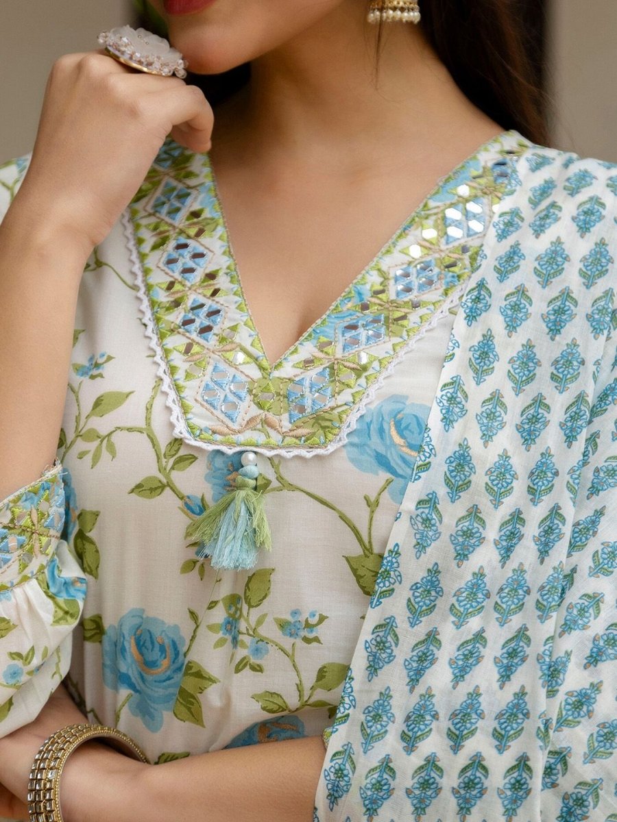 Anouk Floral Yoke Design Empire Mirror Work Pure Cotton Kurta with Patiala & Dupatta - Distacart