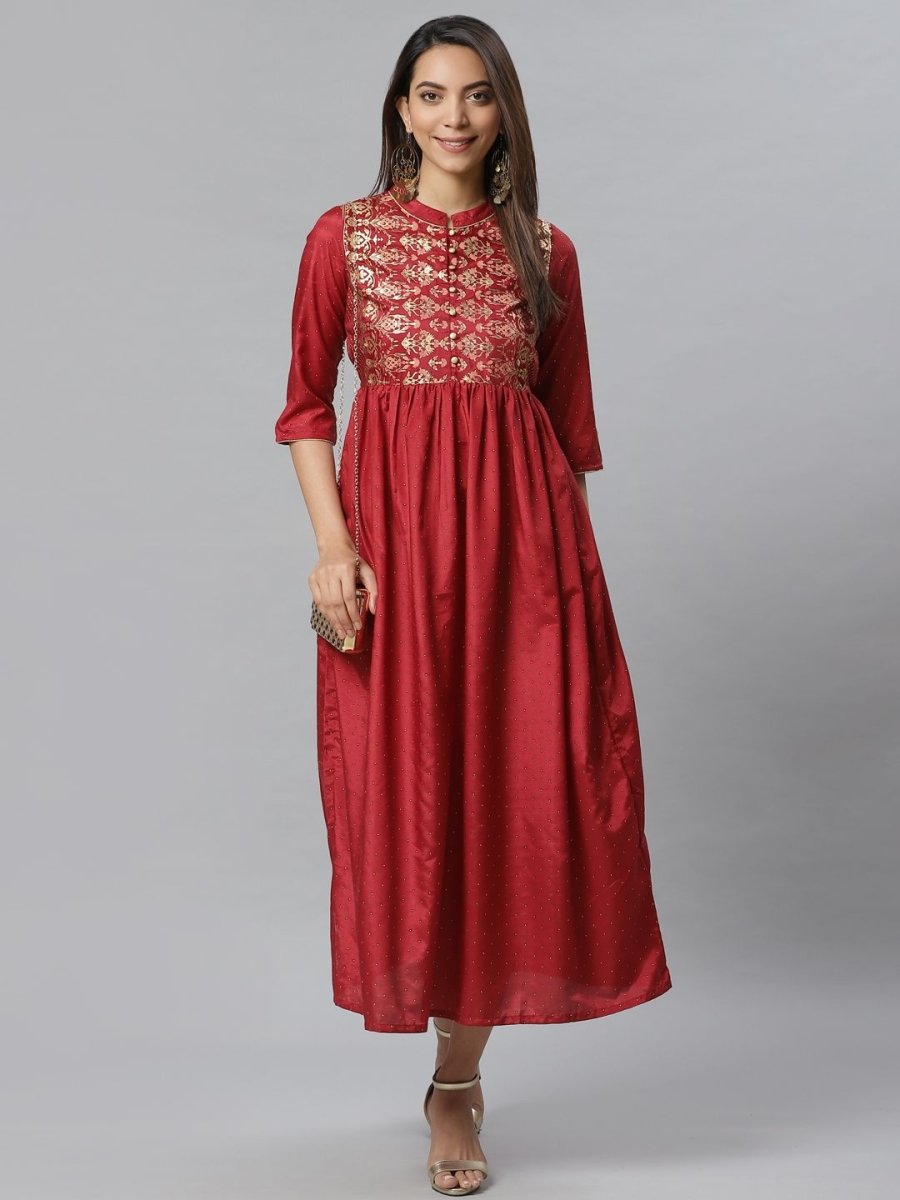 AURELIA Women Maroon & Golden Embellished A-Line Dress - Distacart