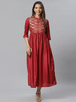 Thumbnail for AURELIA Women Maroon & Golden Embellished A-Line Dress - Distacart